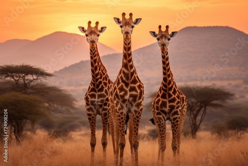 Three majestic giraffes stand tall in a wide open field  silhouetted against a breathtaking sunset  Three giraffes in Serengeti National Park  Tanzania  grace the landscape  AI Generated