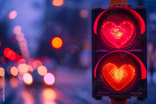 Urban Love Signal, Heart-Shaped Red Traffic Light in Cityscape