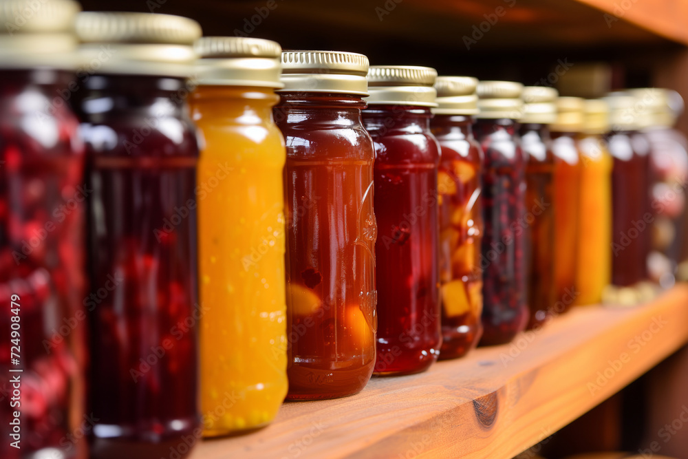 Assorted Preserved Fruits in Mason Jars on Wooden Shelves, Home Canning Assorted Preserved Fruits in Mason Jars on Wooden Shelves, Home Canning