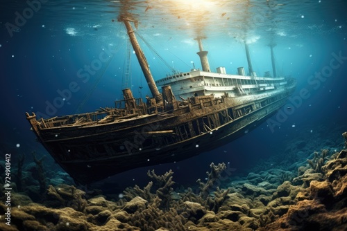 Giant Boat Sailing Smoothly on the Surface of the Water, Titanic shipwreck lying silently on the ocean floor, showcasing the immense scale of the fragmented structure, AI Generated © Iftikhar alam