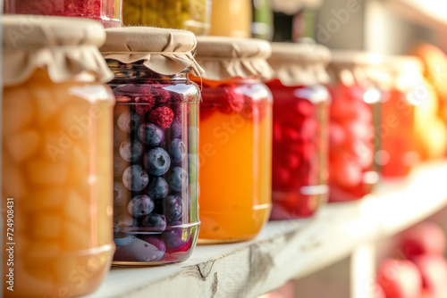 Assorted Preserved Fruits in Mason Jars on Wooden Shelves, Home Canning
