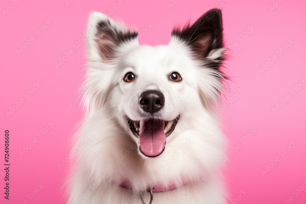 A detailed view of a dog with a pink background.