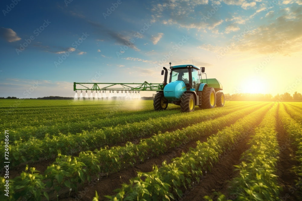 Tractor Spraying Pesticide on Field, Agricultural Field Work in Progress, Tractor spraying pesticides fertilizer on soybean crops farm field in spring evening, AI Generated