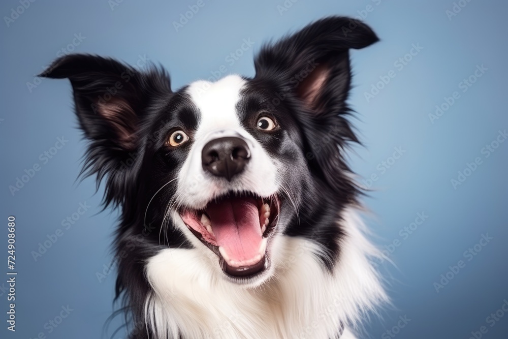 A black and white dog is photographed with its mouth open.