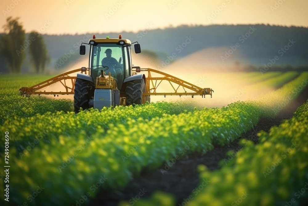 A tractor is seen driving through a lush green field under a clear blue sky, Tractor spraying pesticides fertilizer on soybean crops farm field in spring evening, AI Generated A tractor is seen driving through a lush green field under a clear blue sky, Tractor spraying pesticides fertilizer on soybean crops farm field in spring evening, AI Generated