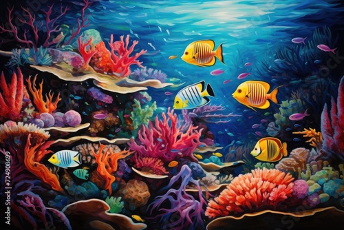 A vibrant painting capturing the beauty and diversity of a coral reef, teeming with colorful fish, Tropical coral reefs and marine life with colorful fishes, AI Generated