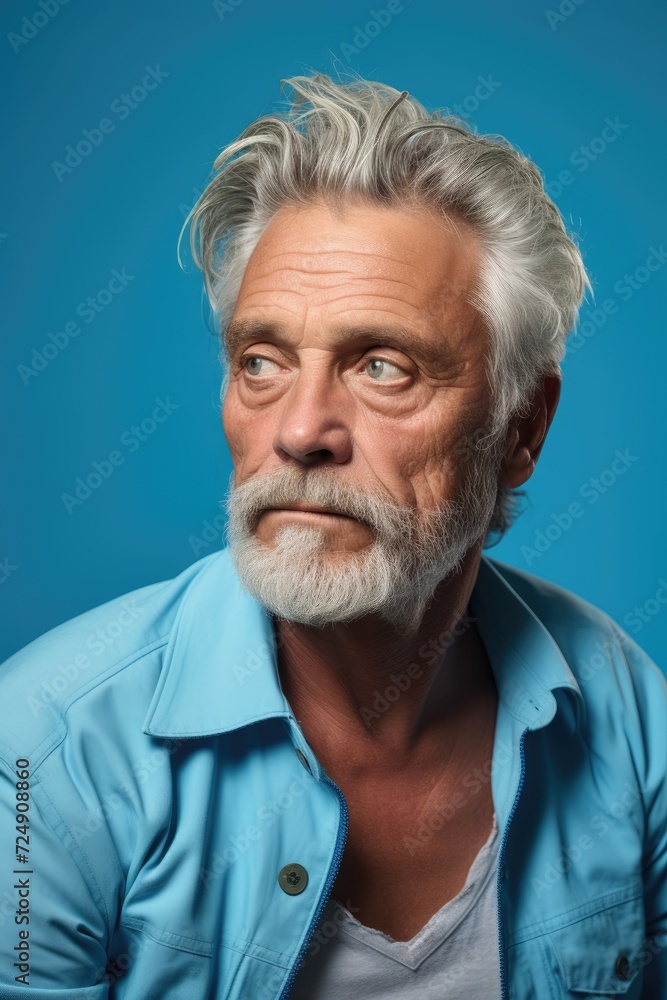 A man with a white beard wearing a blue shirt, standing or sitting. A man with a white beard wearing a blue shirt, standing or sitting.