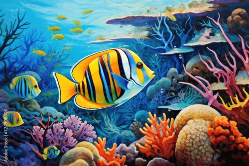 This vibrant painting captures the beauty of a fish swimming amidst a lively coral reef, Tropical fish depicted on a coral reef in the ocean, creating an underwater scene, AI Generated