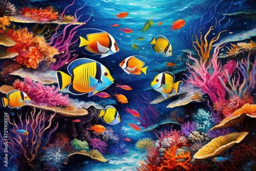 A stunning painting capturing the beauty of a group of fish as they gracefully glide through the ocean, Tropical fish depicted on a coral reef in the ocean, creating an underwater scene, AI Generated