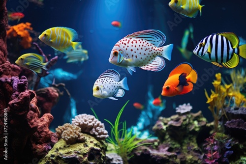 Group of Fish Swimming in an Aquarium, A Captivating Underwater Display, Tropical fish showcased in an aquarium, providing a glimpse into the underwater world, AI Generated