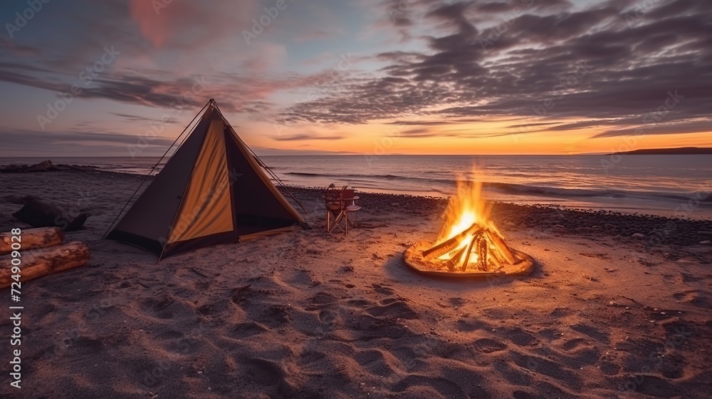 Relaxing camping on shore. Camping tents and campfires at dusk on the beach