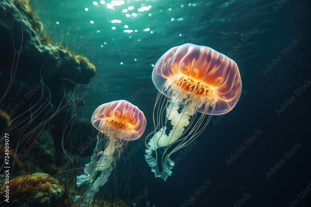 This captivating photo showcases a couple of jellyfish gracefully swimming amidst the vast expanse of the ocean, Two jellyfish swimming in the water, 3D rendering, AI Generated This captivating photo showcases a couple of jellyfish gracefully swimming amidst the vast expanse of the ocean, Two jellyfish swimming in the water, 3D rendering, AI Generated