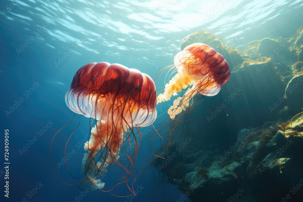 A pair of jellyfish gracefully gliding through the clear blue ocean, their translucent bodies catching the light, Two jellyfish swimming in the water, 3D rendering, AI Generated A pair of jellyfish gracefully gliding through the clear blue ocean, their translucent bodies catching the light, Two jellyfish swimming in the water, 3D rendering, AI Generated