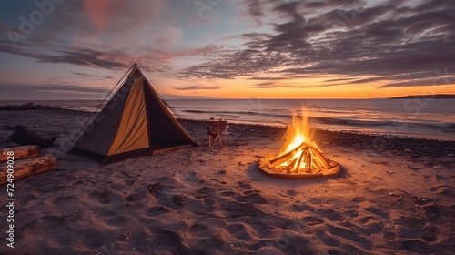 Relaxing camping on shore. Camping tents and campfires at dusk on the beach