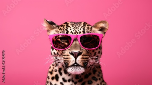 A leopard confidently wears pink sunglasses as it poses against a vibrant pink background. © pham