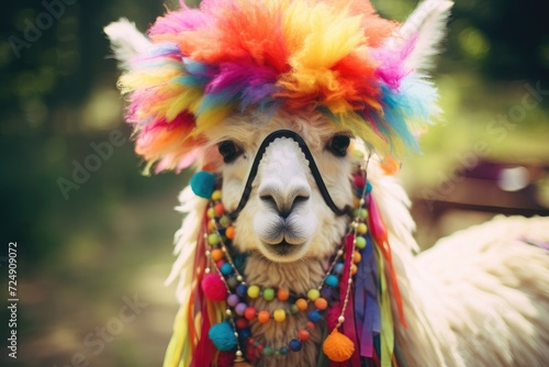 A llama wearing a vibrant headdress adorned with feathers.