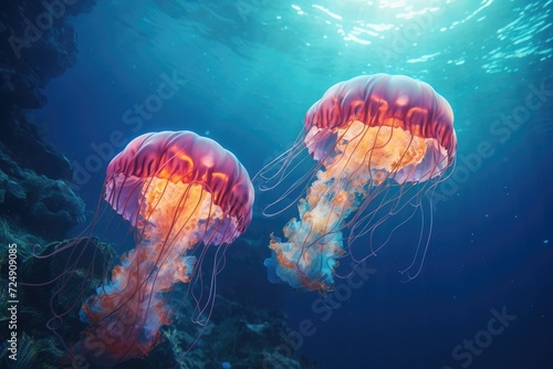 This captivating photo captures a couple of jellyfish as they gracefully float in the vast ocean, Two jellyfish swimming in the water, 3D rendering, AI Generated © Iftikhar alam