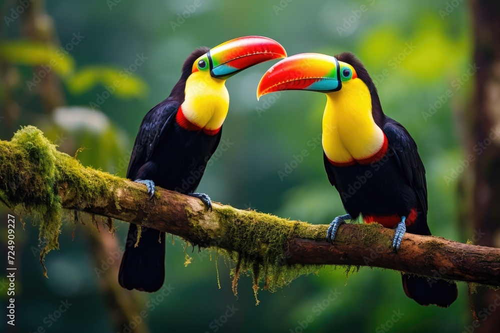 Obraz premium Two stunning and vibrant birds majestically rest side by side on a sturdy tree branch, Two toucans perch on a branch in the vibrant rainforest, AI Generated