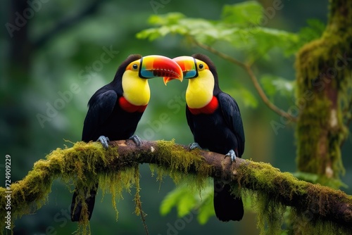 Two vibrant birds perched on a branch  showcasing their vibrant plumage against a natural backdrop  Two toucans perch on a branch in the vibrant rainforest  AI Generated