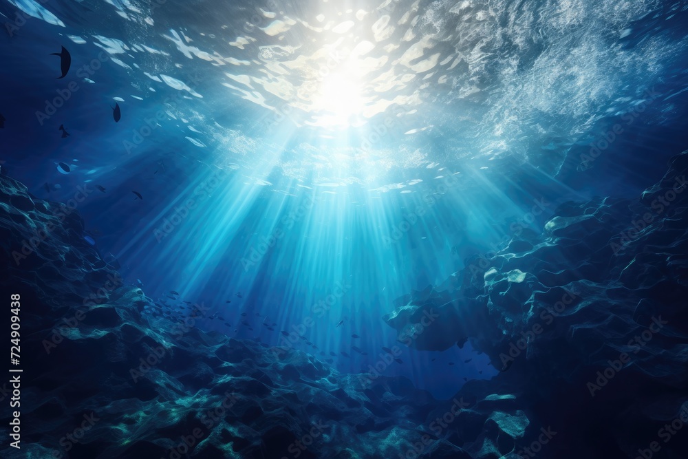 The sun shining through the water in the ocean produces a captivating and beautiful sight, Underwater Ocean - Blue Abyss With Sunlight - Diving And Scuba Background, AI Generated