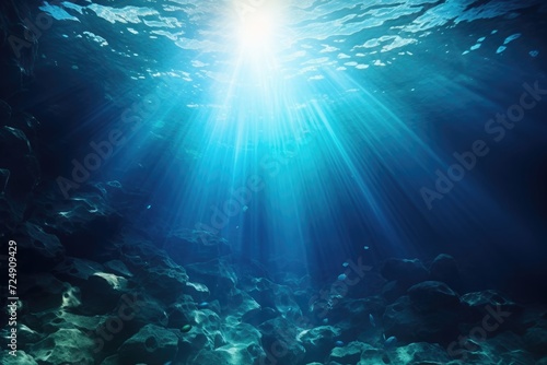 Underwater Ocean View With Sunlight Piercing Through Crystal Clear Water, Underwater Ocean - Blue Abyss With Sunlight - Diving And Scuba Background, AI Generated
