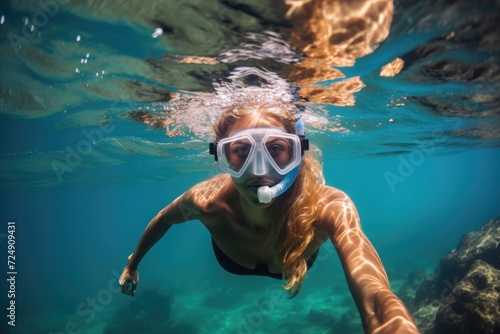 A person with a mask on is seen swimming in the water, immersed in an exciting underwater experience, Underwater Ocean - Blue Abyss With Sunlight - Diving And Scuba Background, AI Generated