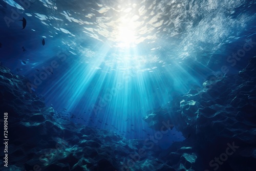The sun shining through the water in the ocean produces a captivating and beautiful sight  Underwater Ocean - Blue Abyss With Sunlight - Diving And Scuba Background  AI Generated