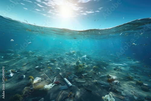 An alarming photo capturing the shocking reality of numerous waste items polluting our oceans, Underwater view of a pile of garbage in the ocean, 3D rendering, AI Generated