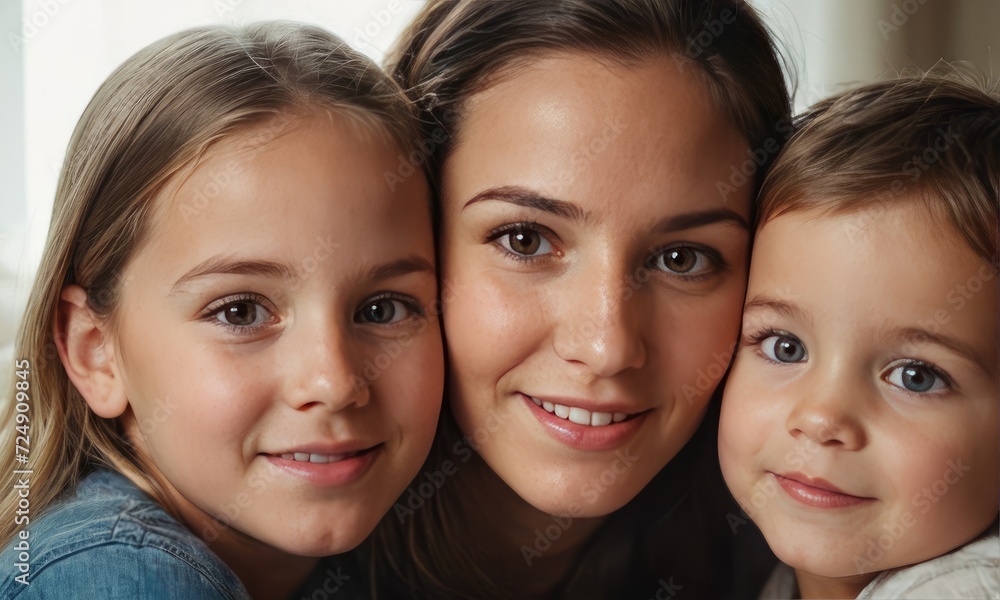 Moments of Happiness: A happy Mother Basks in the Warmth of Family Love with Her Two Kids