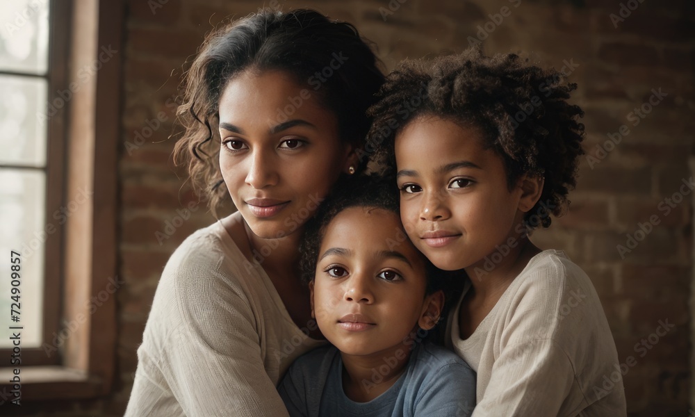 Special Moments: Radiant Joy in a Happy Afro American Family with a Loving Mom and Two Adorable Kids Special Moments: Radiant Joy in a Happy Afro American Family with a Loving Mom and Two Adorable Kids