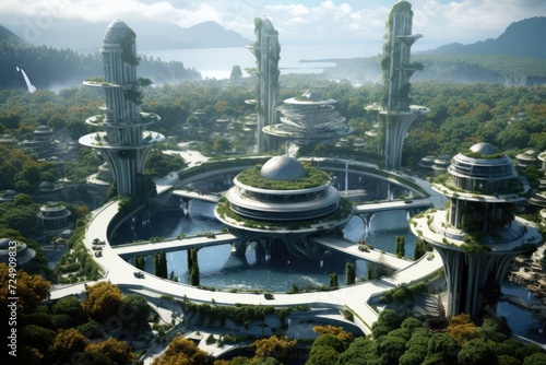 Futuristic City Amidst Serene Natural Landscape With Trees and Mountains, Utopian civilization, utopic city, the future of humanity, architecture of tomorrow, utopic world, AI Generated © Iftikhar alam