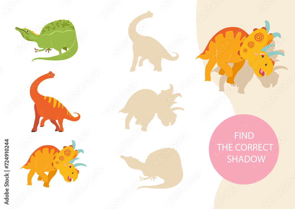 Find the right shadow. A collection of educational games for children. Dinosaurs.