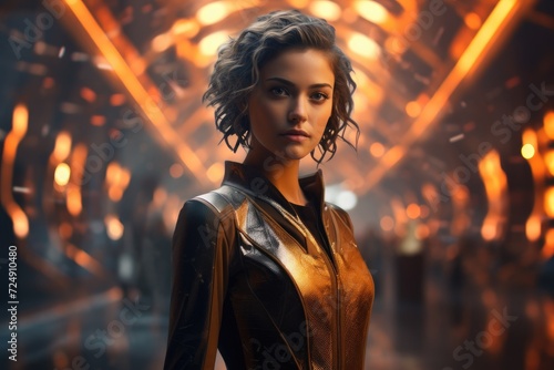 A woman wearing a striking gold outfit stands confidently in front of a vibrant neon background  Woman on a futuristic fantasy backdrop  Portrait with selective focus  AI Generated