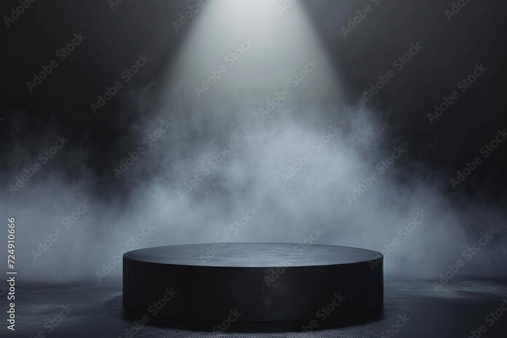 Mysterious black pedestal surrounded by fog, spotlight illuminates