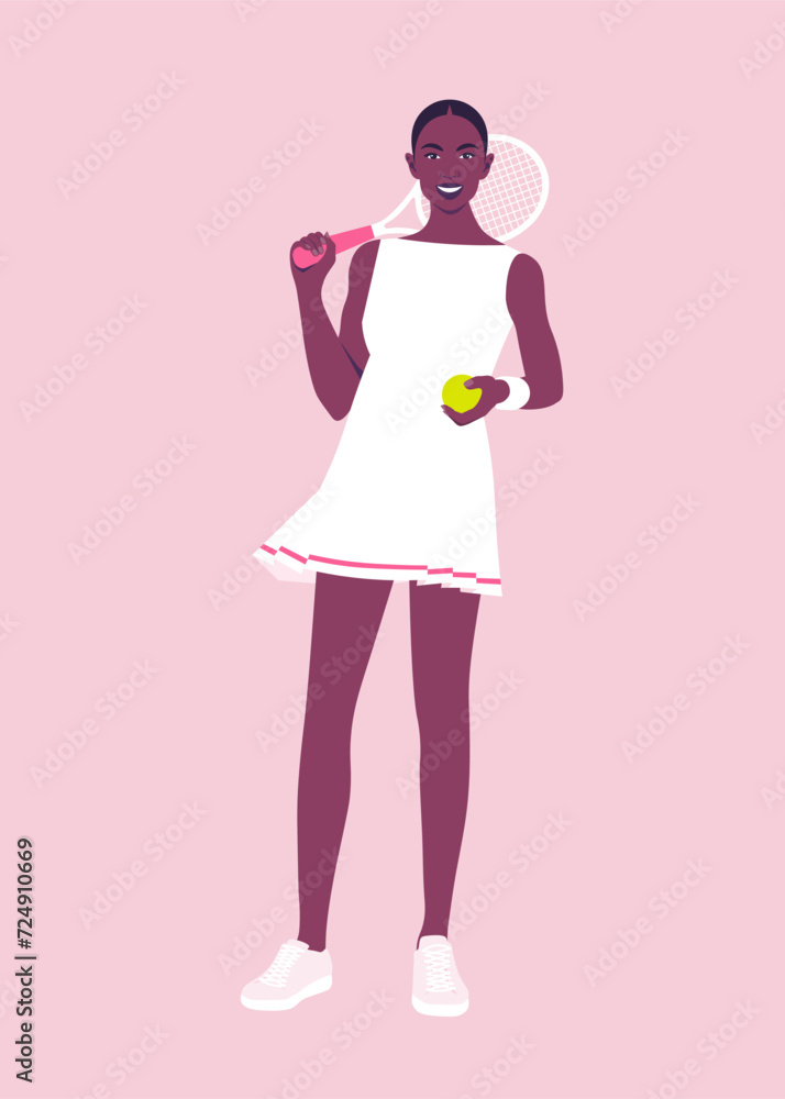 A young African woman is posing with tennis racket and ball. A teen player in full body. Healthy lifestyle, fitness, sport. Vector flat illustration A young African woman is posing with tennis racket and ball. A teen player in full body. Healthy lifestyle, fitness, sport. Vector flat illustration