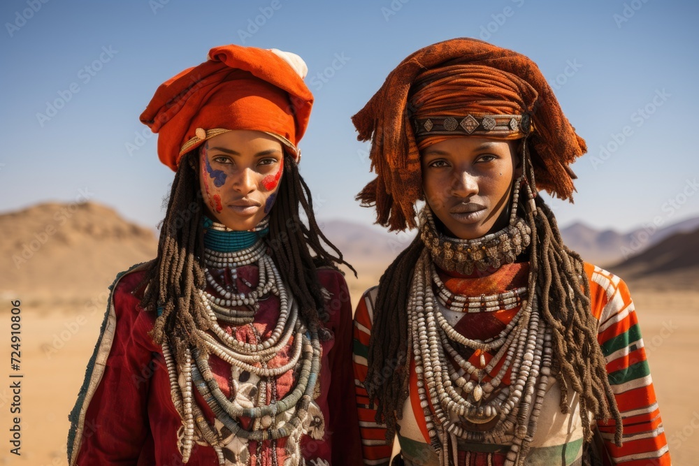 In this captivating photograph, two young women with painted faces soak in the beauty of the desert, women in tribal outfits pose for a photo in the desert, AI Generated