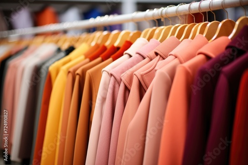 A diverse collection of shirts, sporting different colors and styles, neatly arranged on a clothing rack, Women's coats on hangers in a store, AI Generated