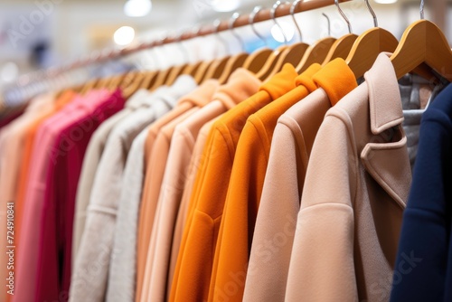 A neat and organized rack of clothes displaying a collection of fashionable items for sale and display purposes, Women's coats on hangers in a store, AI Generated