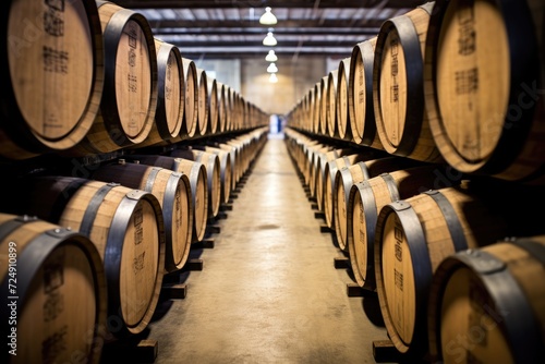 A captivating view of rows of wine barrels neatly stacked in a wine cellar, Wooden oak Port barrels in neat rows, AI Generated