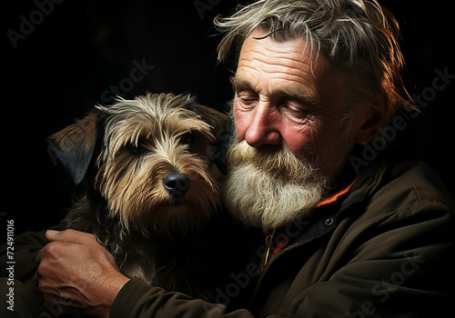 Portrait of a moment of affection between an elderly farmer man and his dog. Care and attention. Domestic and farm animals.