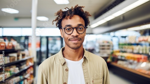 A cashier man at a grocery store  standing in a horizontal portrait.