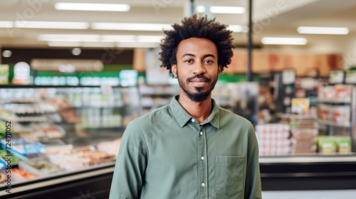 A grocery store cashier man with varied skin tone  captured in a horizontal shot.