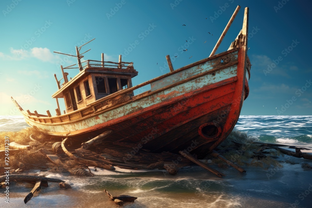 A serene scene of a boat gently resting on a sandy beach, with the ocean waves reflecting a sense of calm in the background, Wreck of a fishing boat in the sea, 3D render, AI Generated A serene scene of a boat gently resting on a sandy beach, with the ocean waves reflecting a sense of calm in the background, Wreck of a fishing boat in the sea, 3D render, AI Generated
