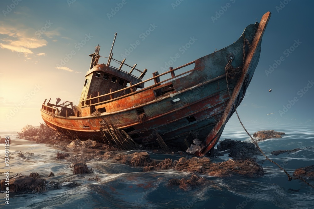 An old boat sailing fearlessly in the expansive, isolated natural expanse of the ocean, Wreck of a fishing boat in the sea, 3D render, AI Generated An old boat sailing fearlessly in the expansive, isolated natural expanse of the ocean, Wreck of a fishing boat in the sea, 3D render, AI Generated