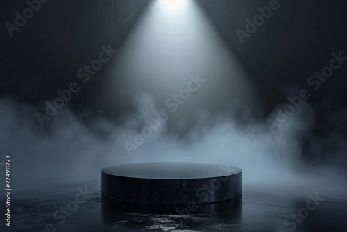 Empty product display podium in 3D, black pedestal, fog, single spotlight photo