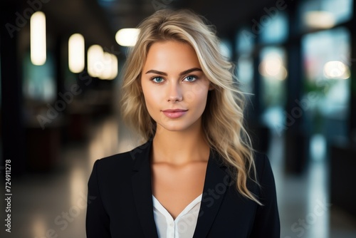 A woman stands outdoors  wearing a black jacket and white shirt  Young adult stylish confident attractive smiling blonde European business woman  AI Generated