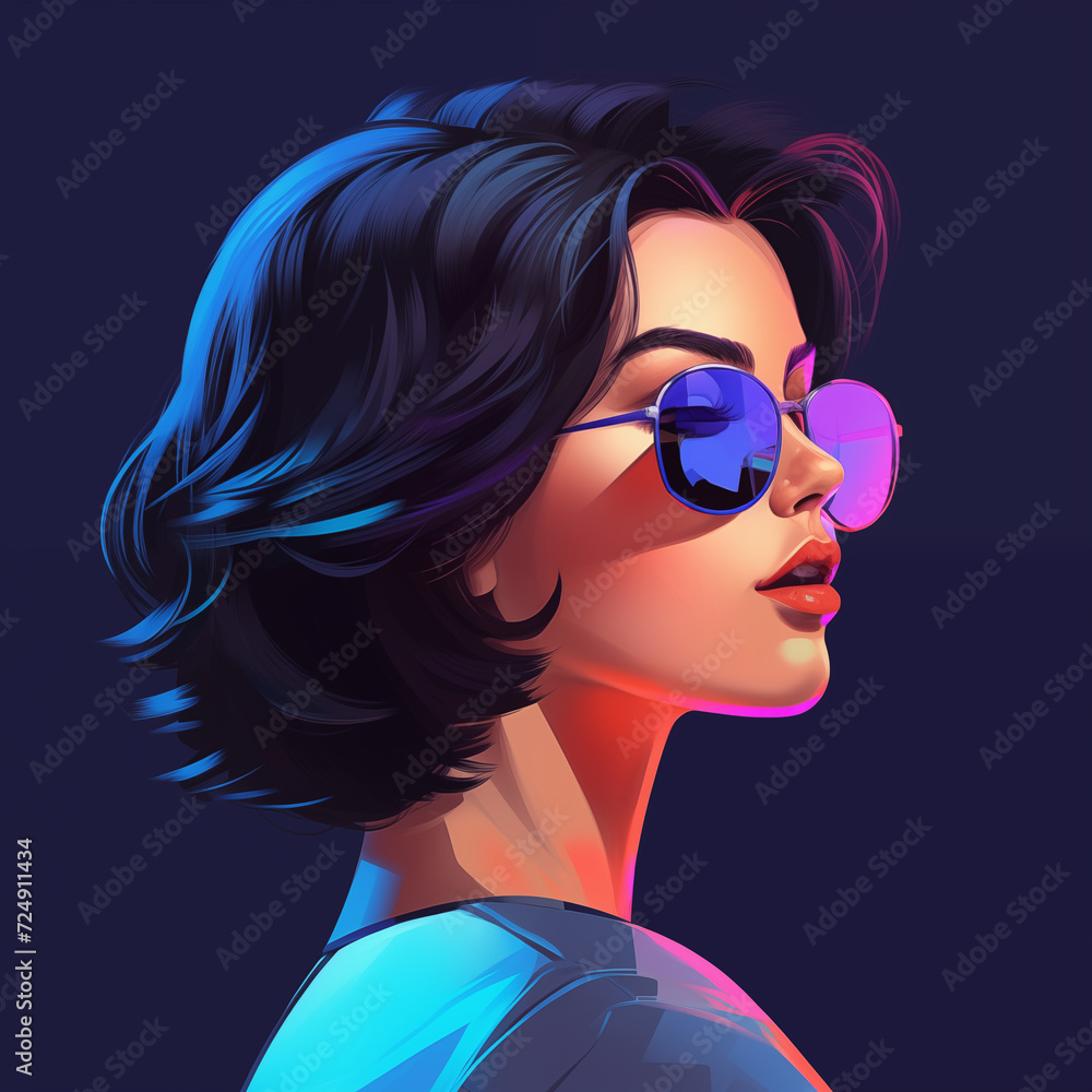 Cool beautiful young woman with sunglasses, profile, avatar, generated by AI