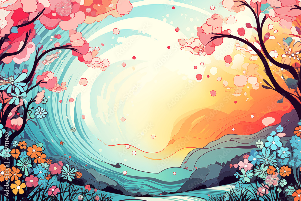 Illustrative scenic view of colorful floral sunrise