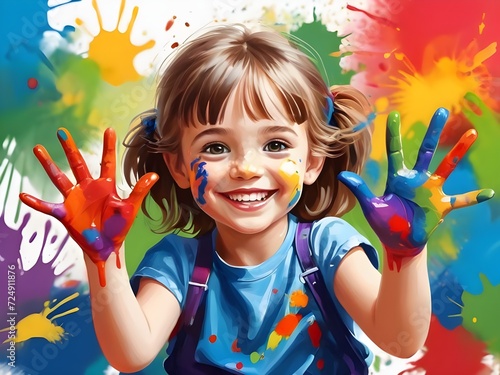 Cheerful little girl with hands covered in bright colorful paints smiling on creative messy background. Oil Painting. Generative AI