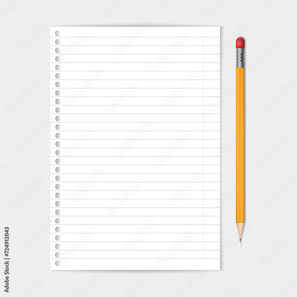 Lined sheet of paper and pencil realistic illustration Lined sheet of paper and pencil realistic illustration